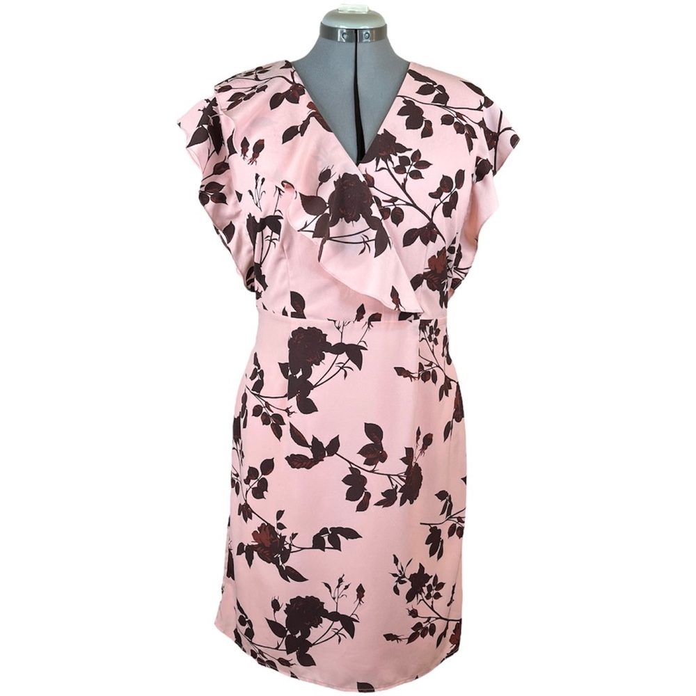 H HALSTON Floral Sheath Dress L Large 12 14 Heritage Pink Knee Party Cocktail
